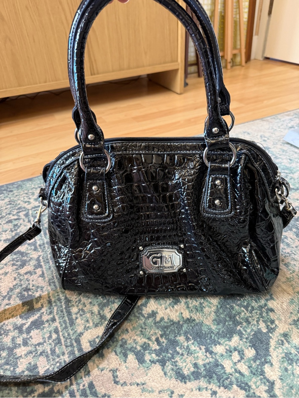 G by Guess Black Patent Croc-Embossed Shoulder Bag